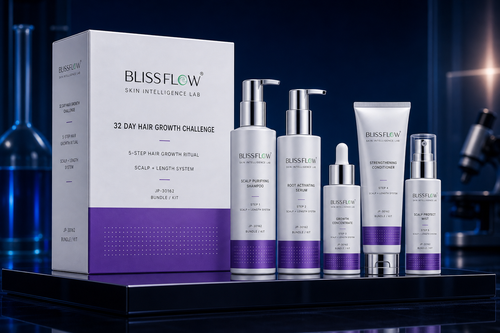 Blissflow 32 Day Hair Growth Challenge Bundle packaging concept