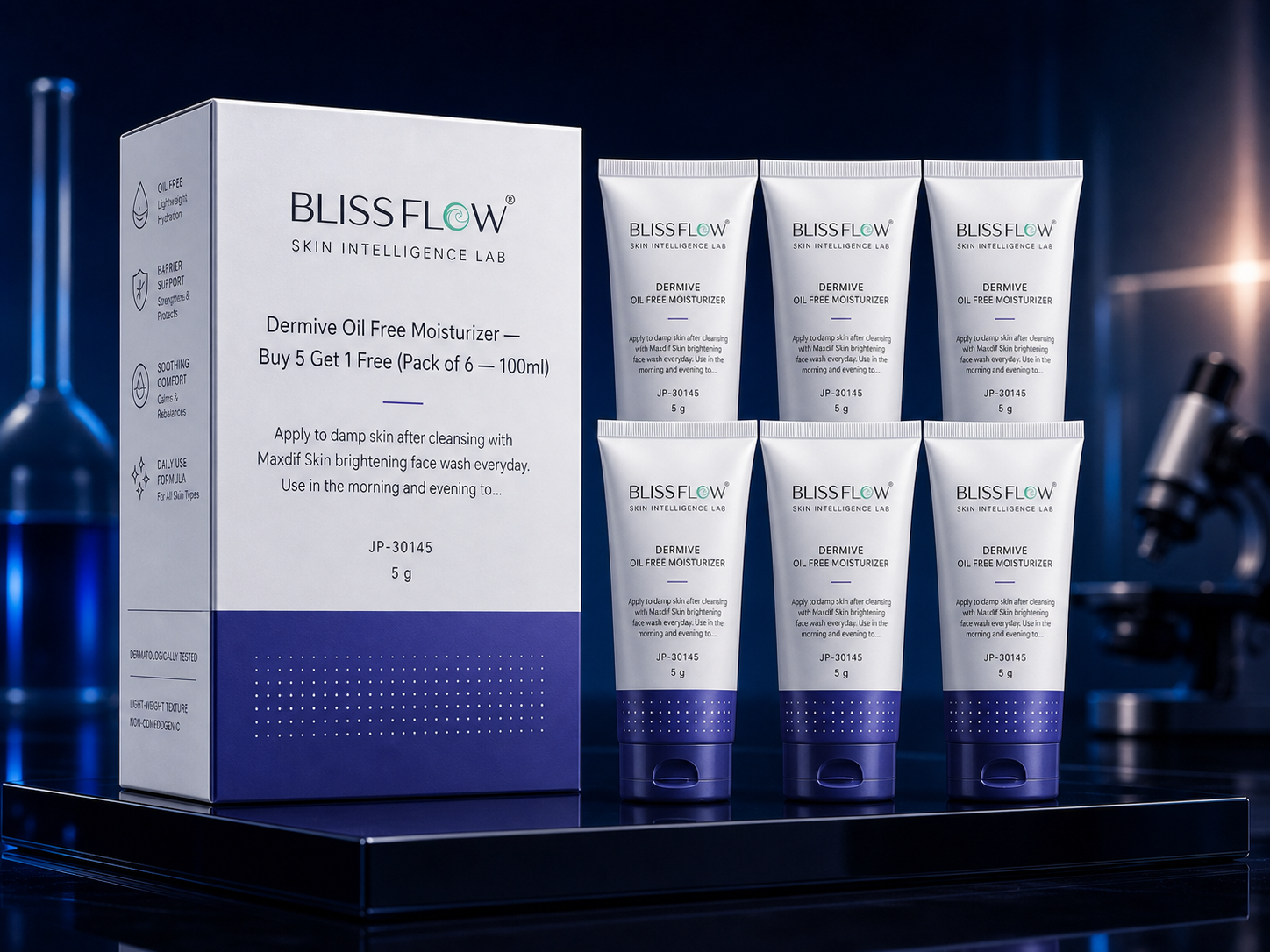 Blissflow Dermive Oil Free Moisturizer Buy 5 get 1 free (Pack of 6 - 100ml) packaging concept