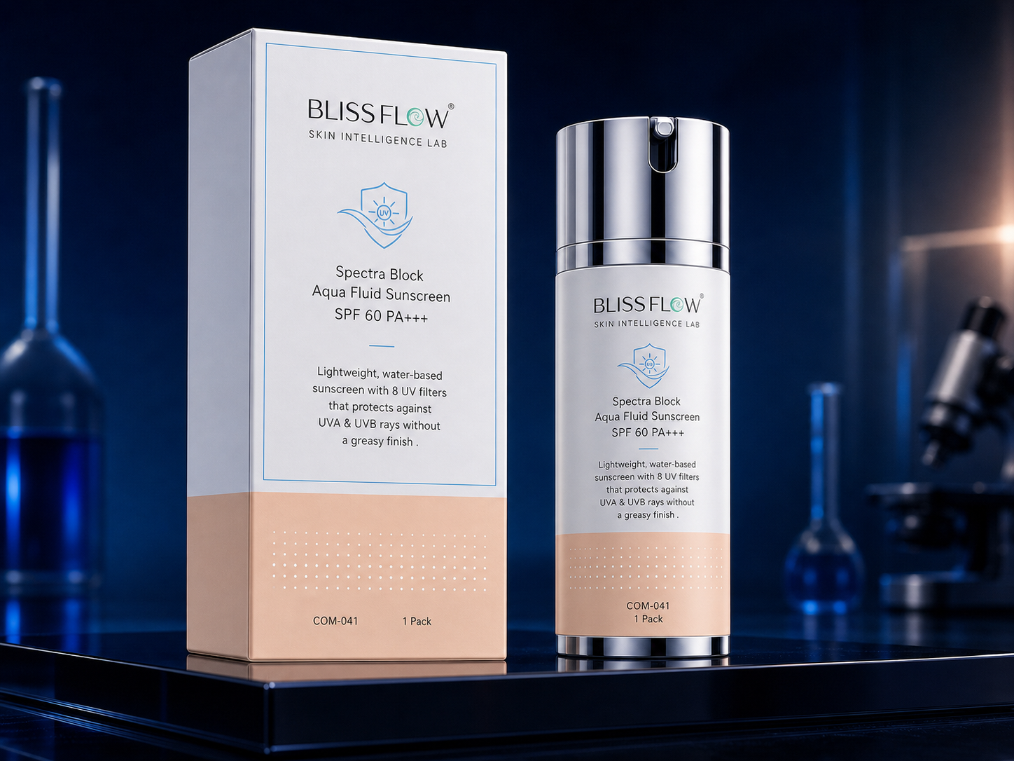 Blissflow Spectra Block Aqua Fluid Sunscreen SPF 60 PA+++ packaging concept
