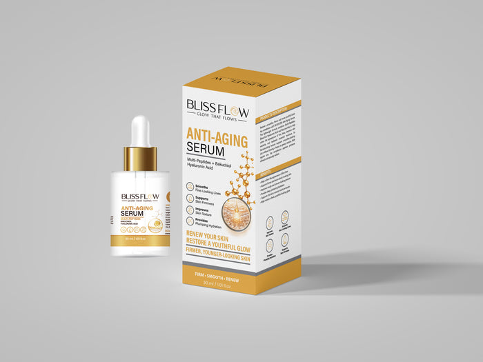 BLISSFLOW Anti-Aging Serum 30 mL dropper bottle and gold-accented retail carton