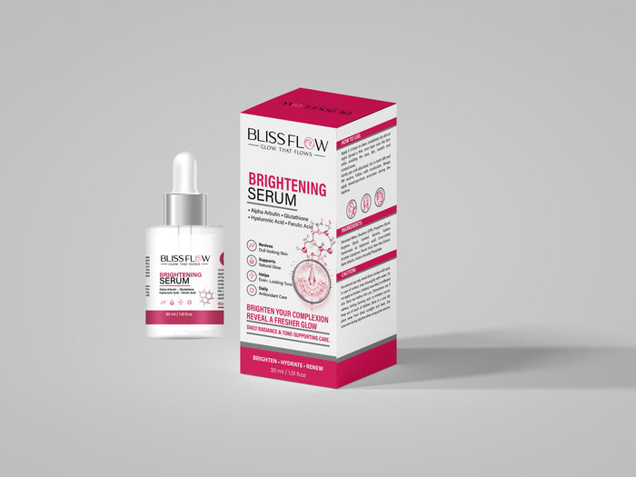BLISSFLOW Brightening Serum 30 mL dropper bottle and pink-accented retail carton