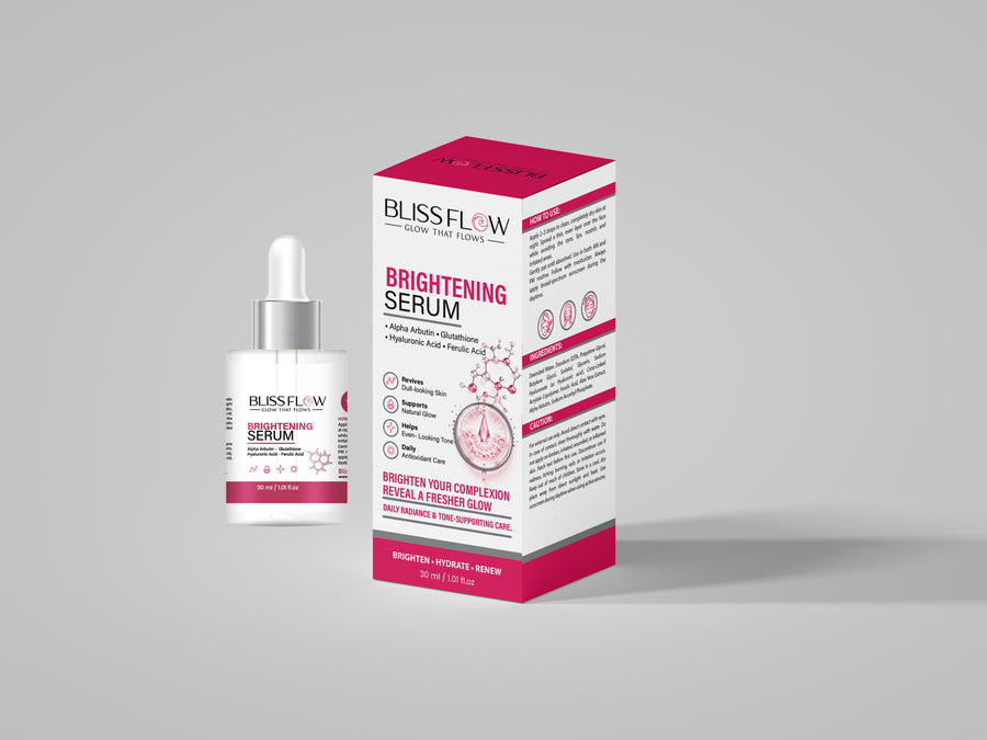BLISSFLOW Brightening Serum 30 mL dropper bottle and pink-accented retail carton