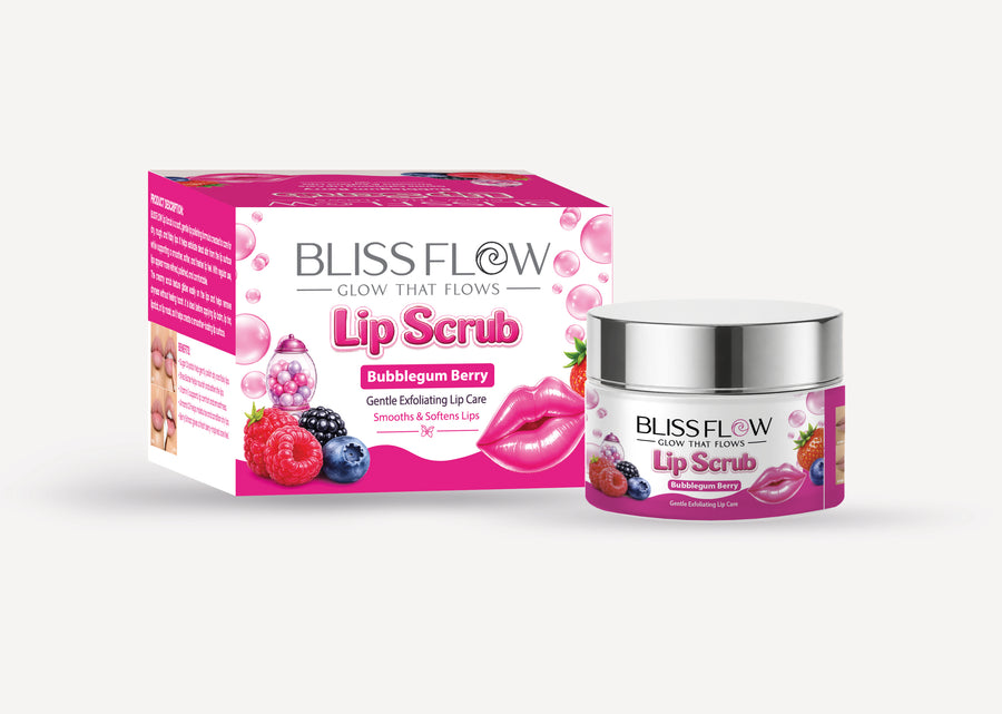 BLISSFLOW Bubblegum Berry Lip Scrub jar and matching retail carton