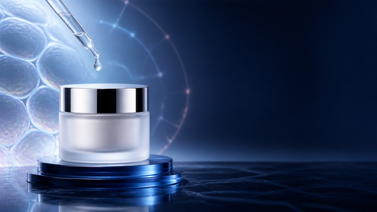 Frosted cream jar and serum droplet in the Blissflow Skin Intelligence laboratory