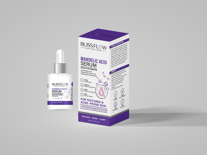 BLISSFLOW Mandelic Acid Serum 30 mL dropper bottle and purple-accented retail carton