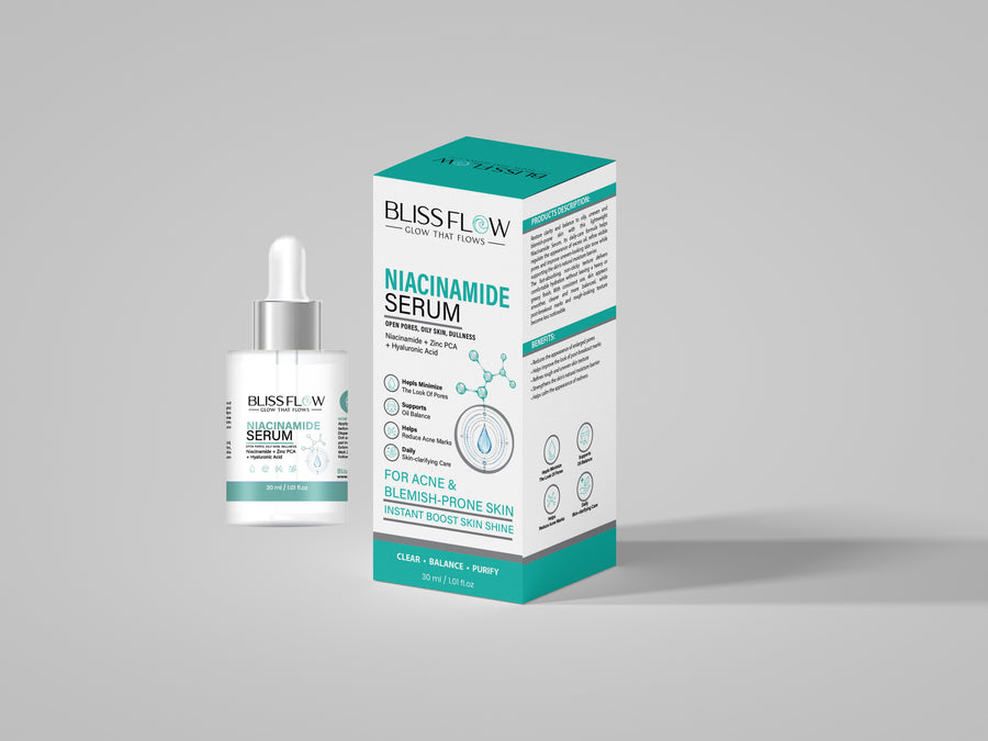 BLISSFLOW Niacinamide Serum 30 mL dropper bottle and teal-accented retail carton