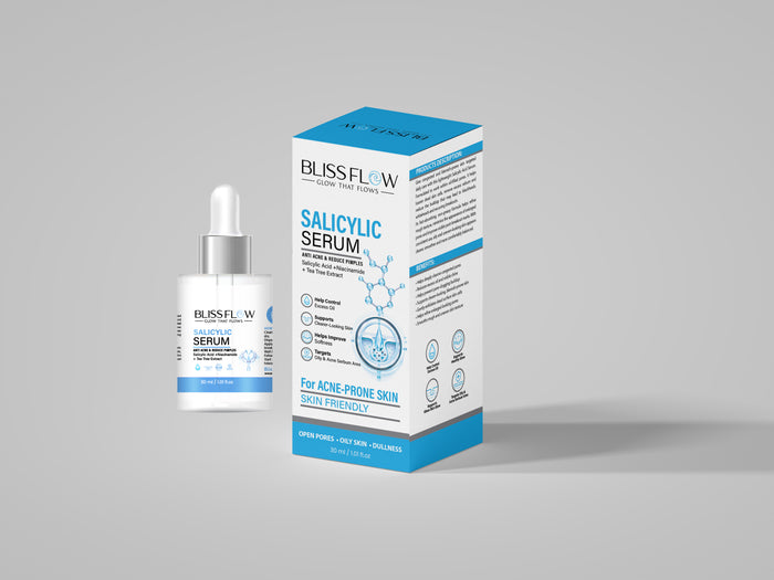 BLISSFLOW Salicylic Serum 30 mL dropper bottle and blue-accented retail carton