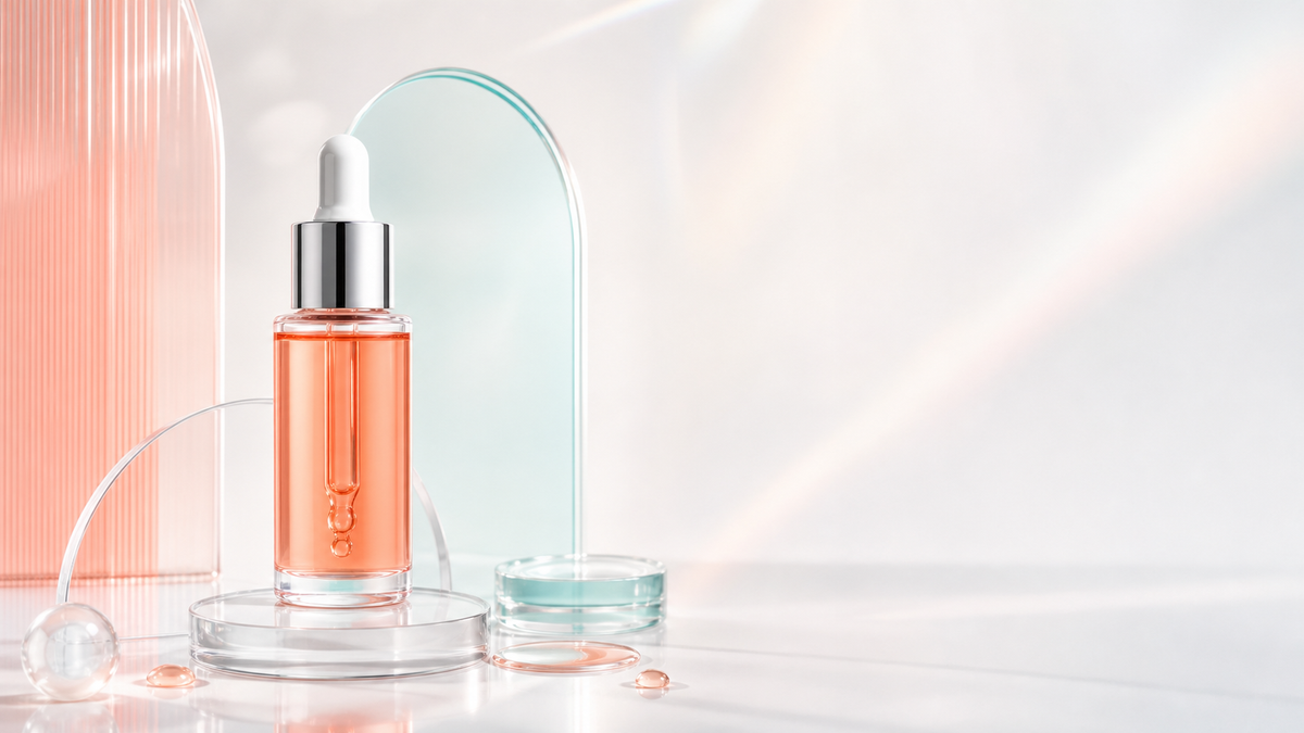 Coral ampoule on a porcelain Skin Code diagnostic set