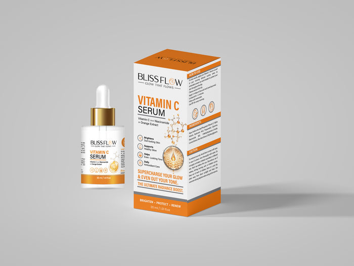 BLISSFLOW Vitamin C Serum 30 mL dropper bottle and orange-accented retail carton