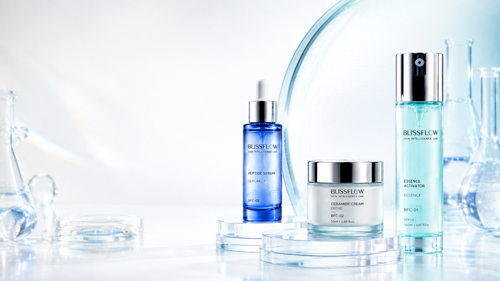 Blissflow hydration and barrier ritual on clear laboratory glass