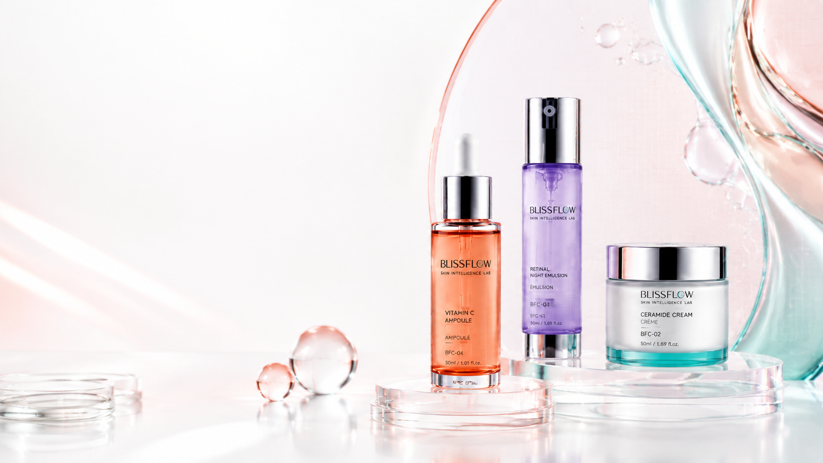 Blissflow Vitamin C, Retinal and Ceramide ritual on porcelain platforms