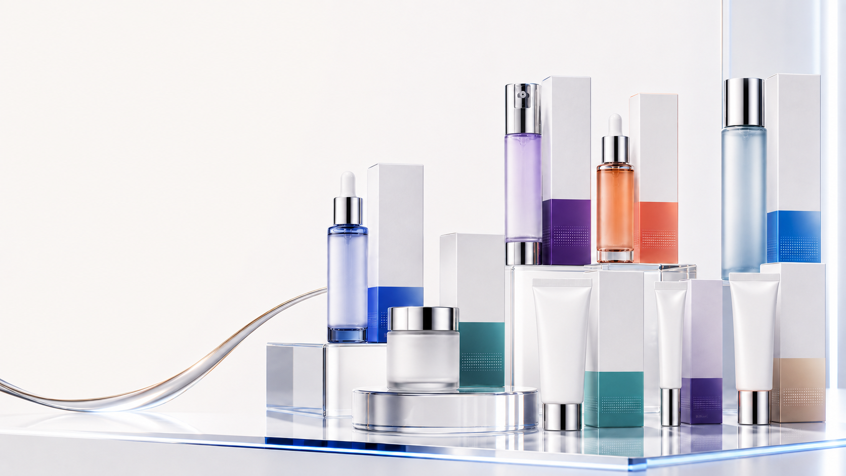Blissflow skincare formulas arranged on transparent glass and chrome platforms